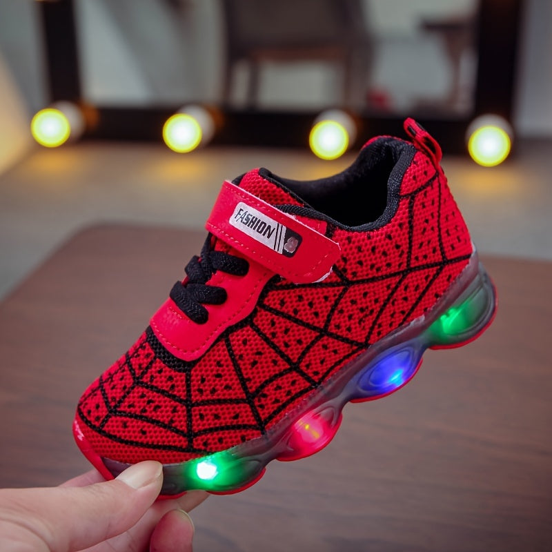 Casual Cool Spider Net Woven Shoes With LED Light For Boys, Breathable Non-slip Sneakers For Walking Running Training