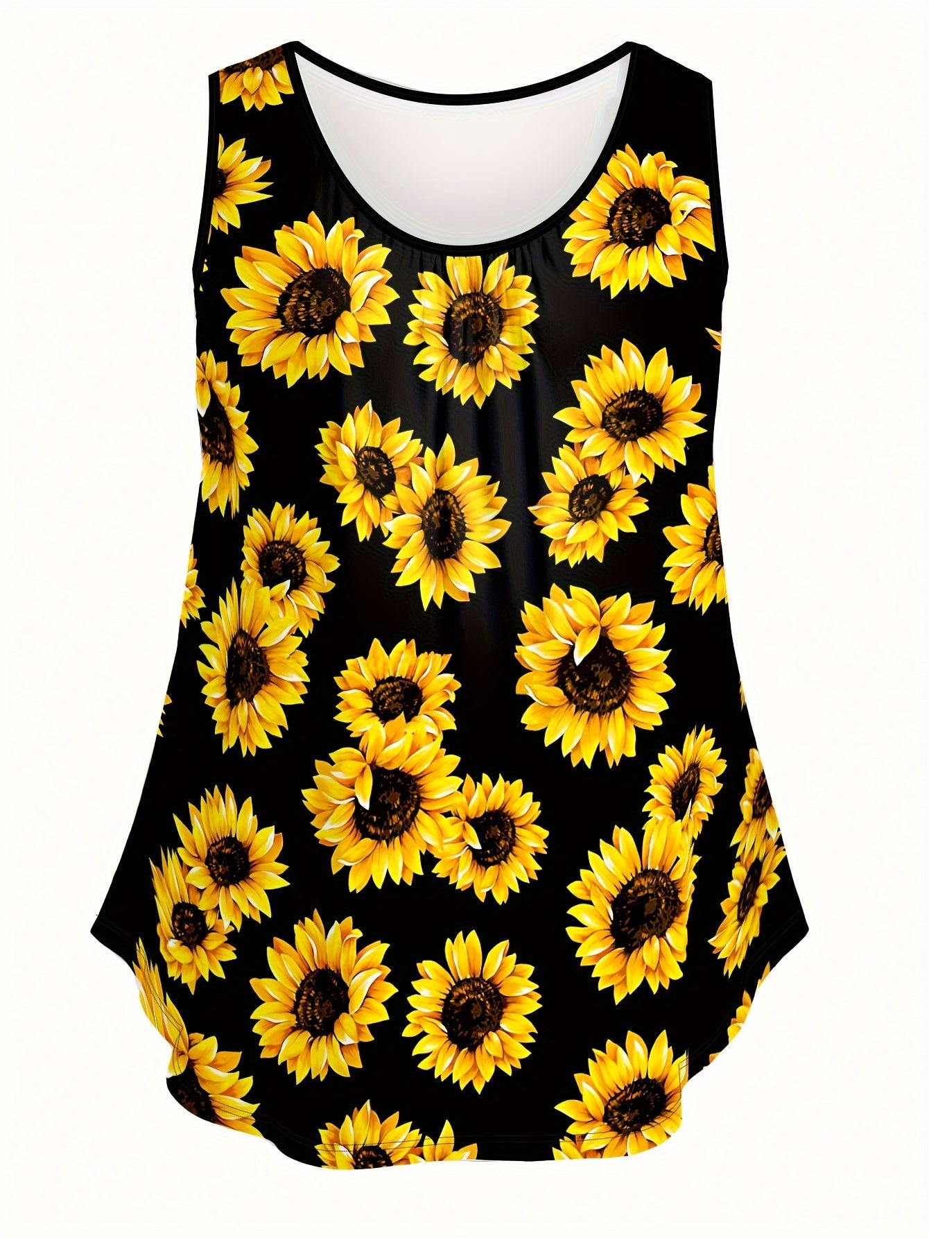 Plus Size Sunflower Print Tank Top, Casual Crew Neck Sleeveless Top For Summer, Women's Plus Size Clothing