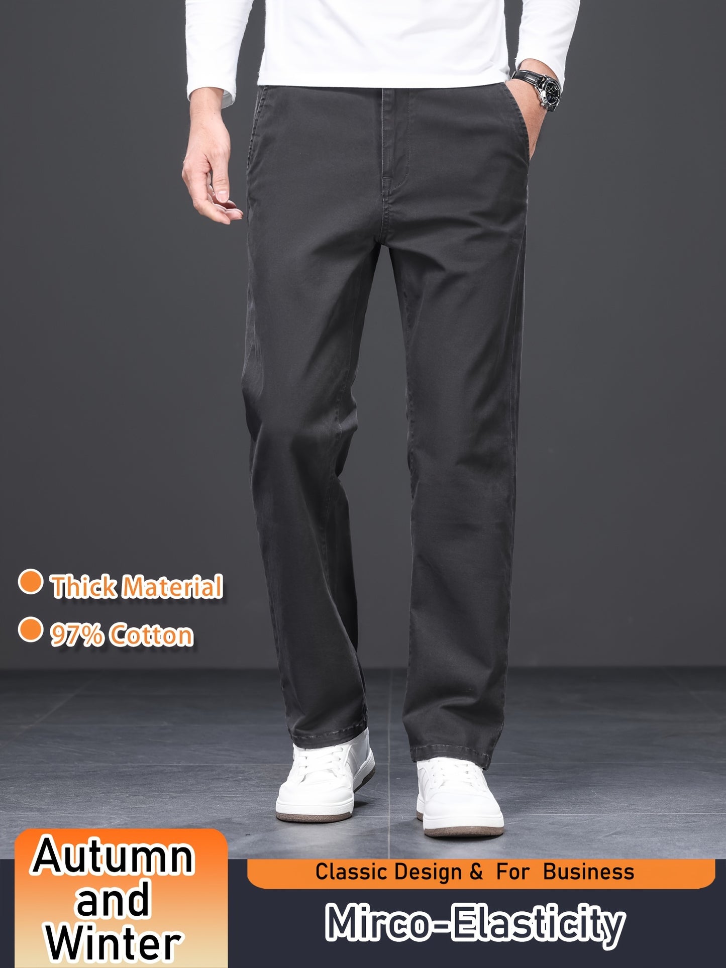 Men's Business Casual Trousers, Thickened Autumn/Winter Warm Straight-Leg Pants, Cotton Blend, Light Business Style, Stretch Fabric, Solid Color, Regular Fit, Mid-Waist, Regular Length, Woven Fabric