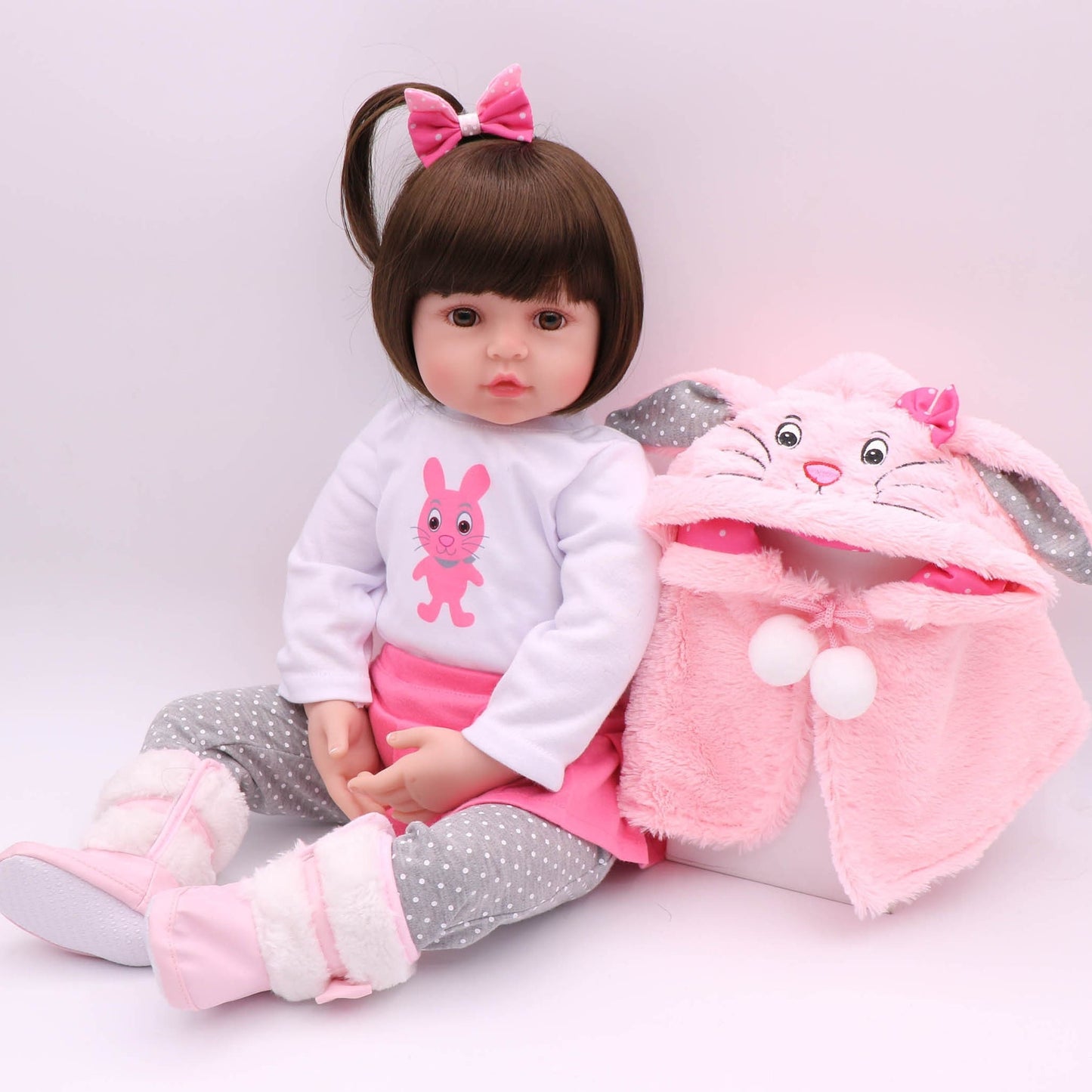 Adorable 19 Soft Vinyl Reborn Baby Doll with Glued Hairwig and Pink Rabbit Outfit, Halloween/Thanksgiving Day/Christmas Gift Carnival Easter Gift