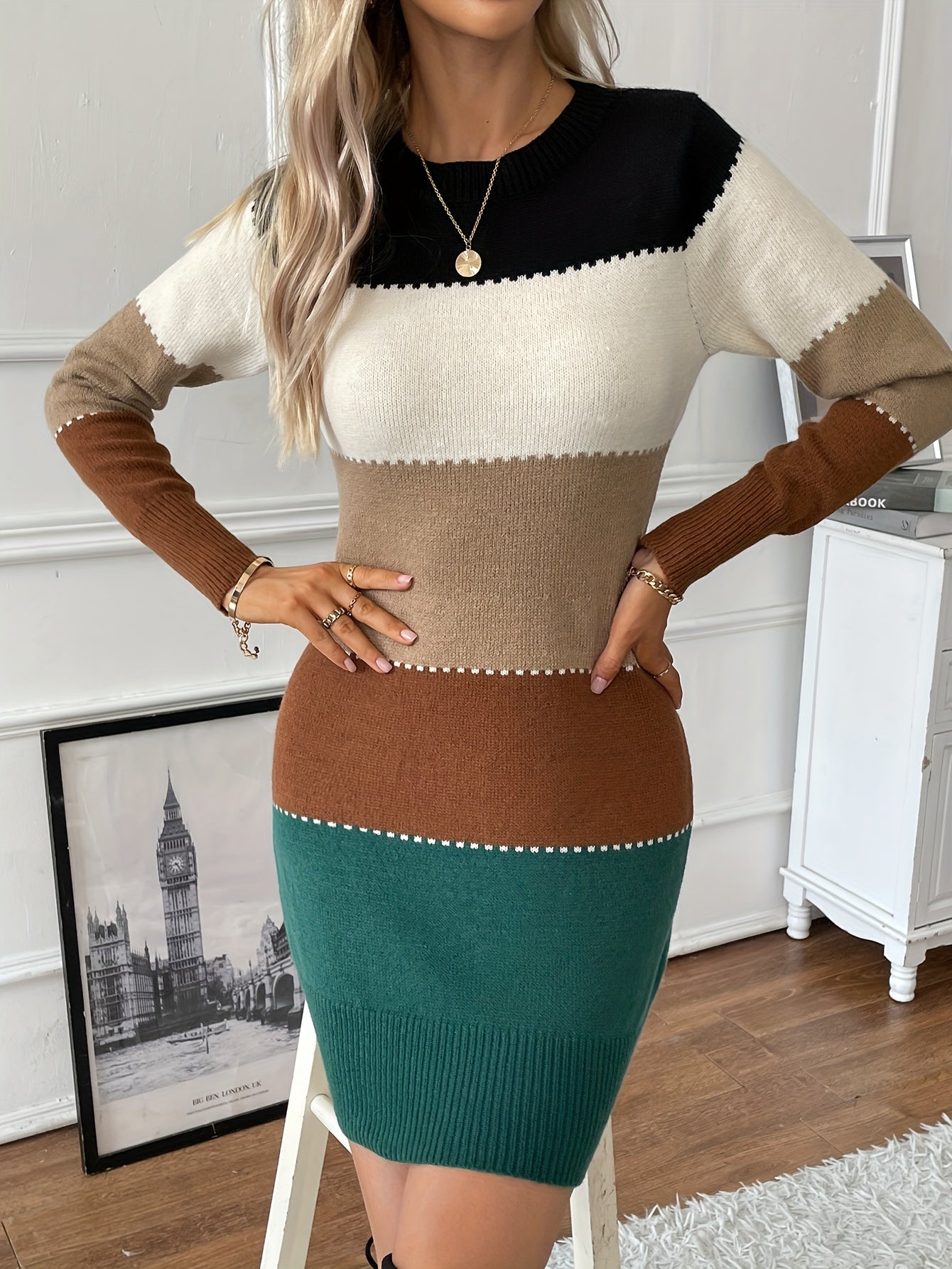 Color Block Long Sleeve Dress, Elegant Crew Neck Dress, Women's Clothing