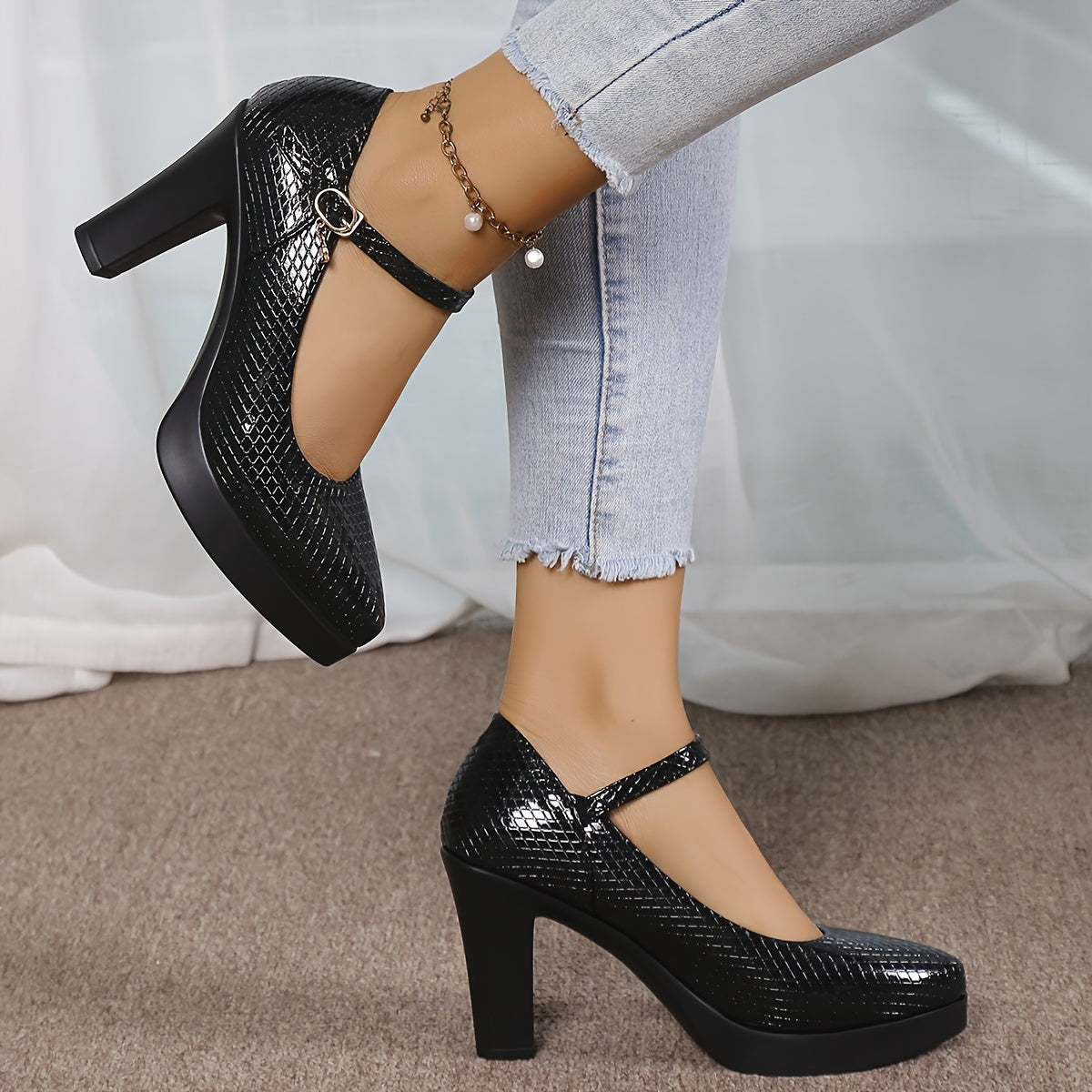 Women's Geometric Pattern Block Heels, Elegant Buckle Strap Dress Pumps, Women's Fashion Heels