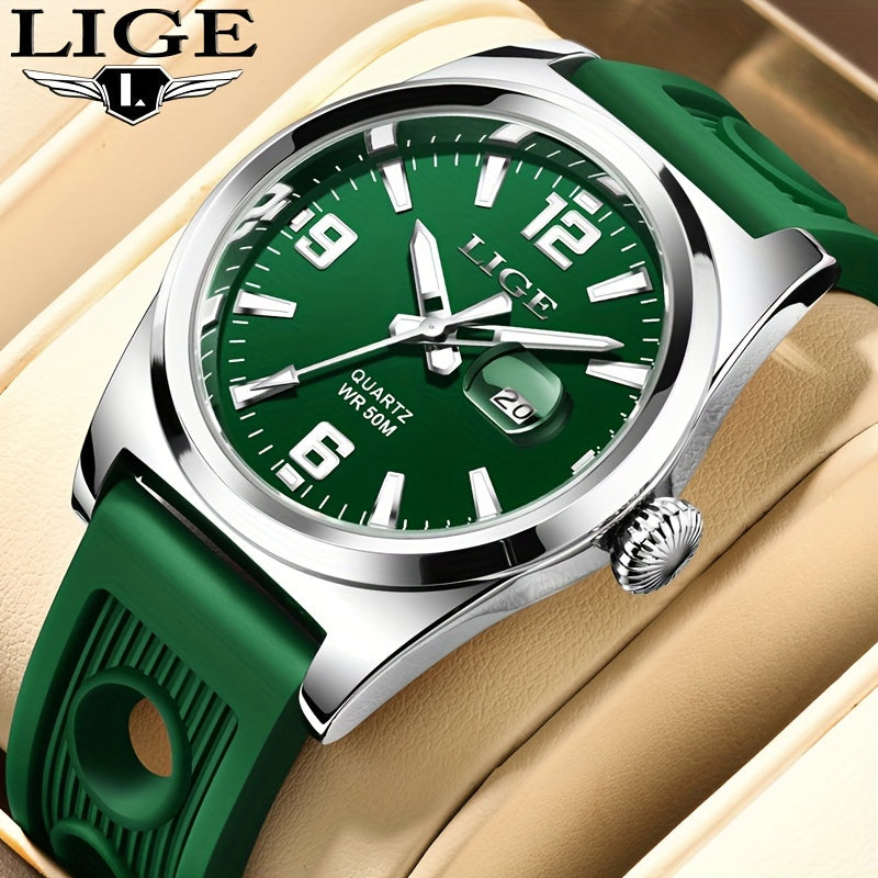 LIGE Business Mens Wristwatch, 5ATM Luminous Date Sports Silicone Quartz Watches