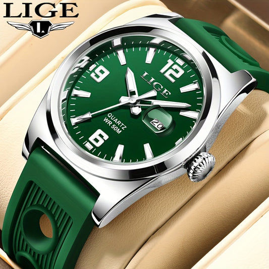 LIGE Business Mens Wristwatch, 5ATM Luminous Date Sports Silicone Quartz Watches