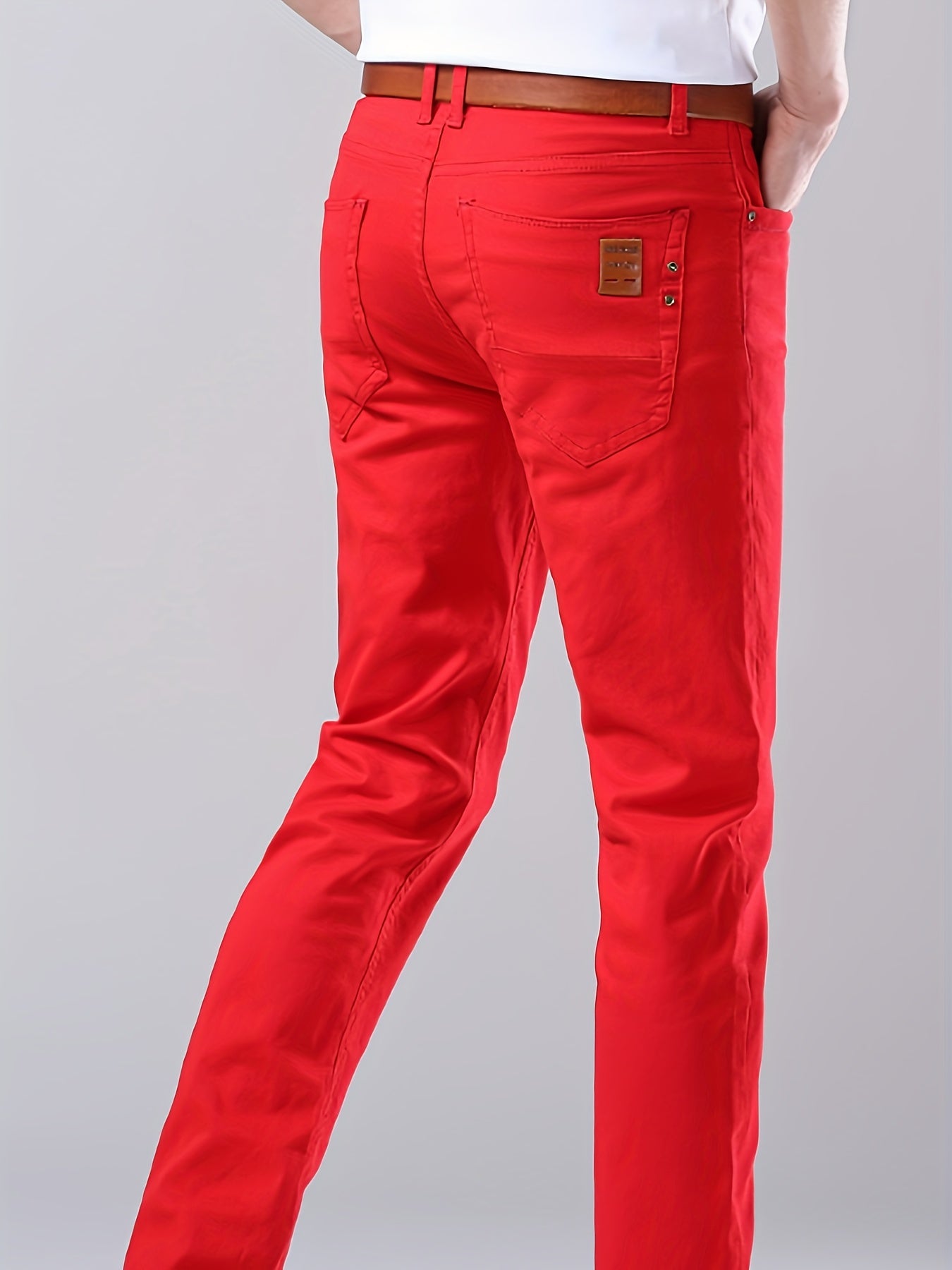 Men's Classic Red Casual Straight-Leg Pants - Stretch Cotton Blend, All-Season Business Dress Trousers