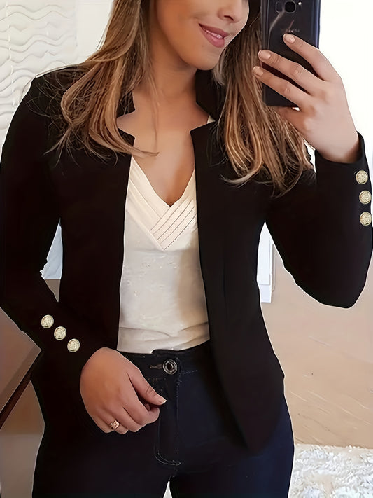 Solid Open Front Button Decor Blazer, Elegant Long Sleeve Blazer For Office & Work, Women's Clothing