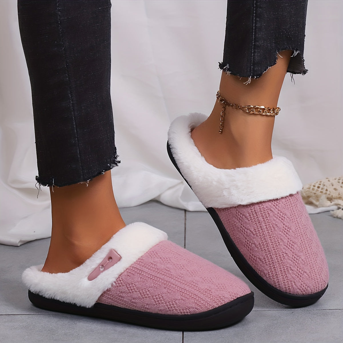 Solid Color Slippers, Casual Slip On Plush Lined Shoes, Comfortable Indoor Home Slippers