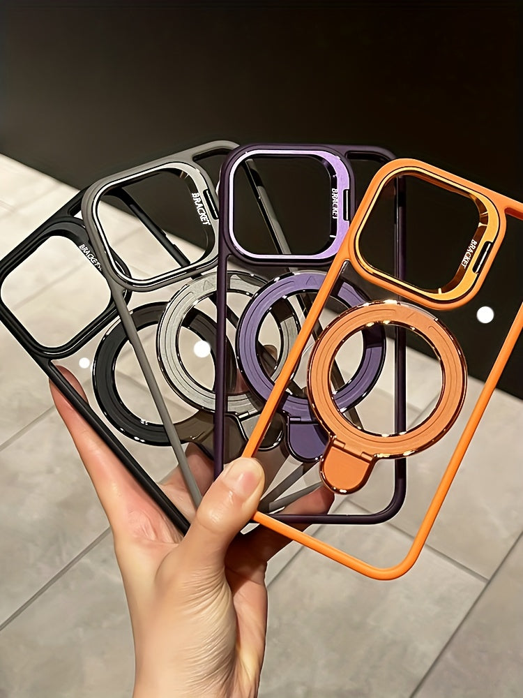 Metal Lens Dual Stand Transparent Magnetic Mobile Phone Case For iPhone 16 15 14 13 12 11 Pro Max Plus With Lens Protection Film