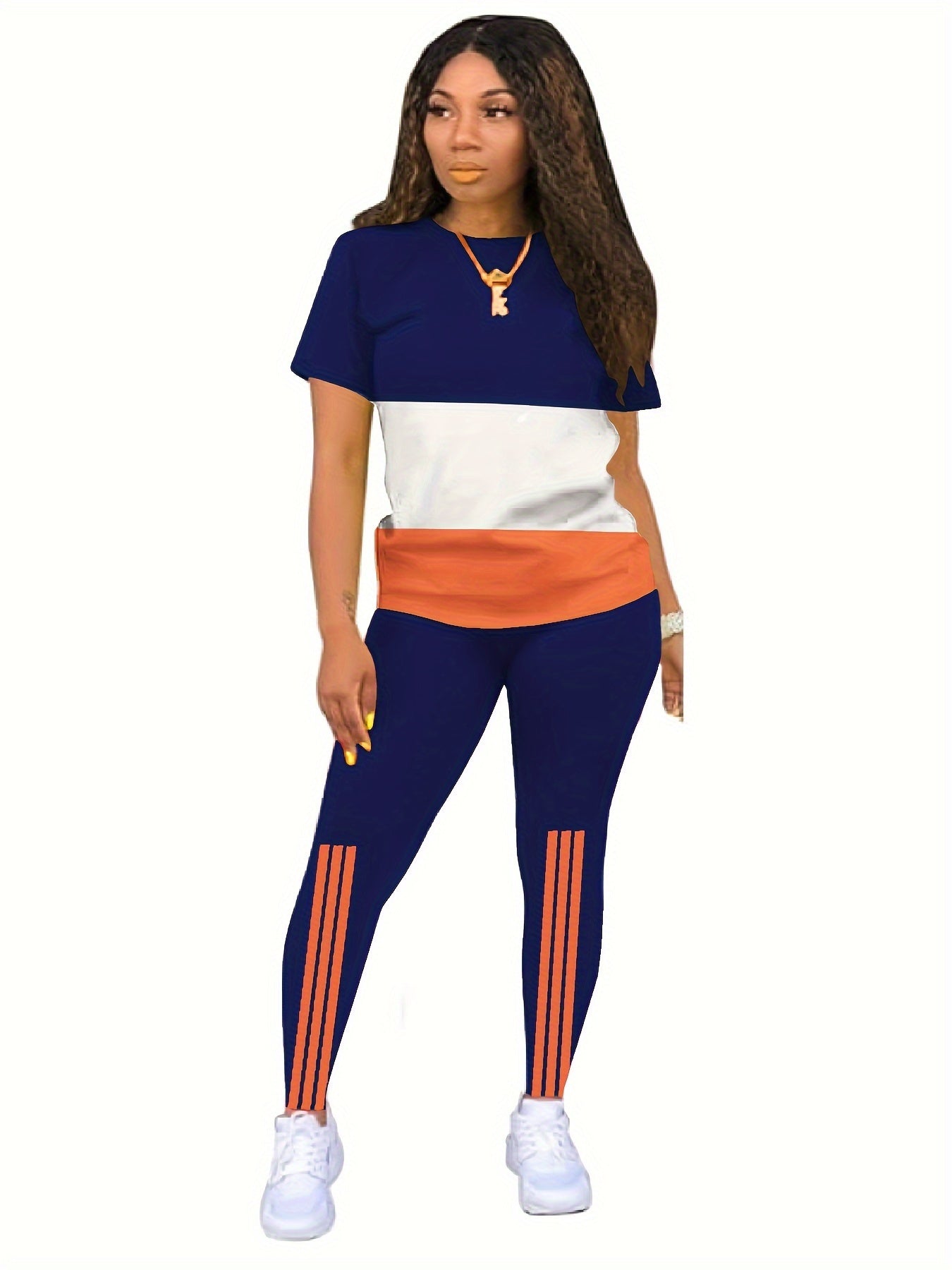 Color Block Casual Spring & Summer Two-piece Set, Crew Neck Short Sleeve Top & Slim Pants Outfits, Women's Clothing