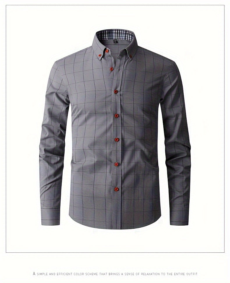 Men's Plaid Design Dress Shirts, Long Sleeve Casual Button Down Shirt For Formal Occasions