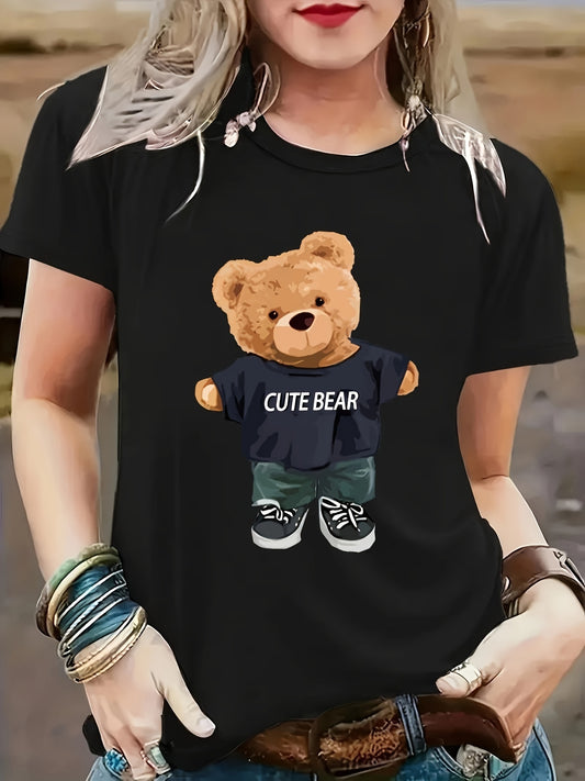 Cute Bear Print Crew Neck T-Shirt, Casual Short Sleeve Top For Spring & Summer, Women's Clothing