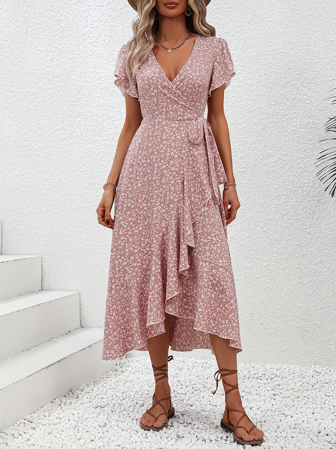 Floral Print Surplice Neck Tied Dress, Casual Flutter Sleeve Ruffle Hem Dress For Spring & Summer, Women's Clothing