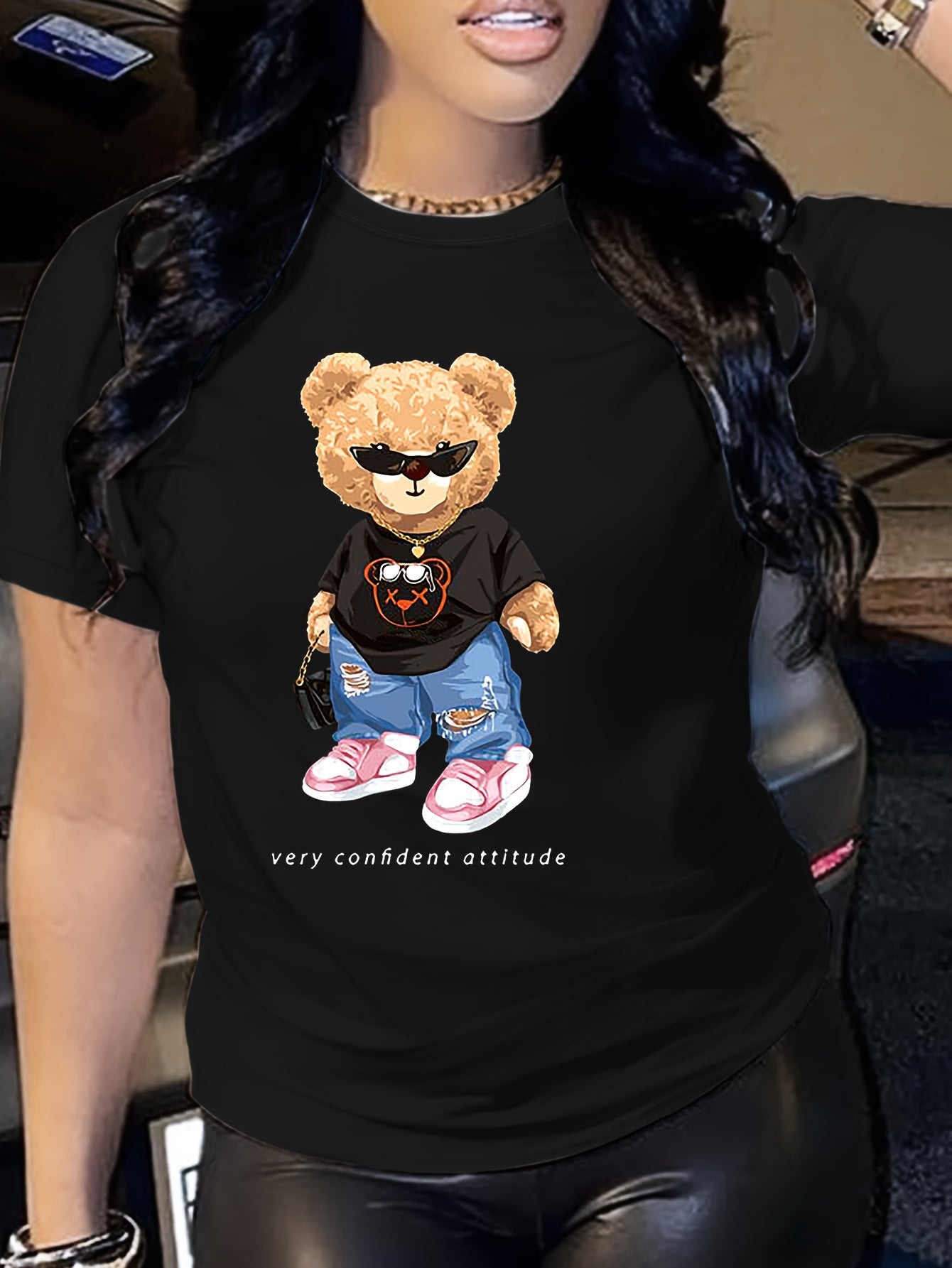 Cartoon Bear Print T-shirt, Short Sleeve Crew Neck Casual Top For Summer & Spring, Women's Clothing