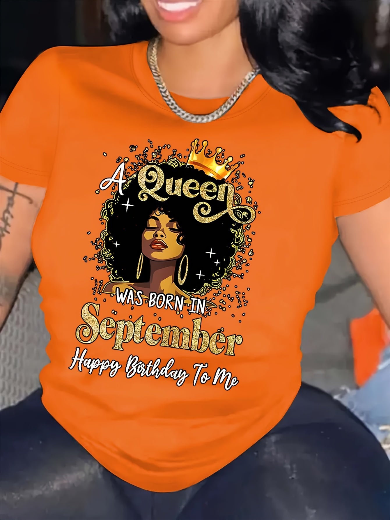 Birthday Queen September Print Crew Neck T-shirt, Short Sleeve Casual Top For Summer & Spring, Women's Clothing