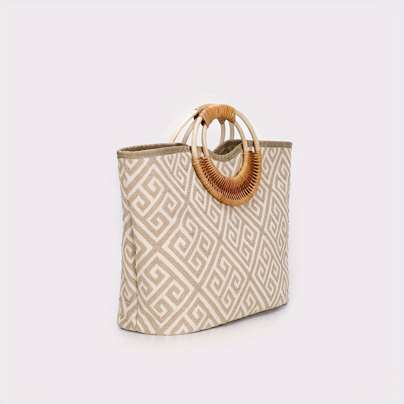 Casual Large Linen Tote Bag with Geometric Pattern, Bamboo Handle, Zipper Closure, and Polyester Lining - Fashionable Fresh Style for Women