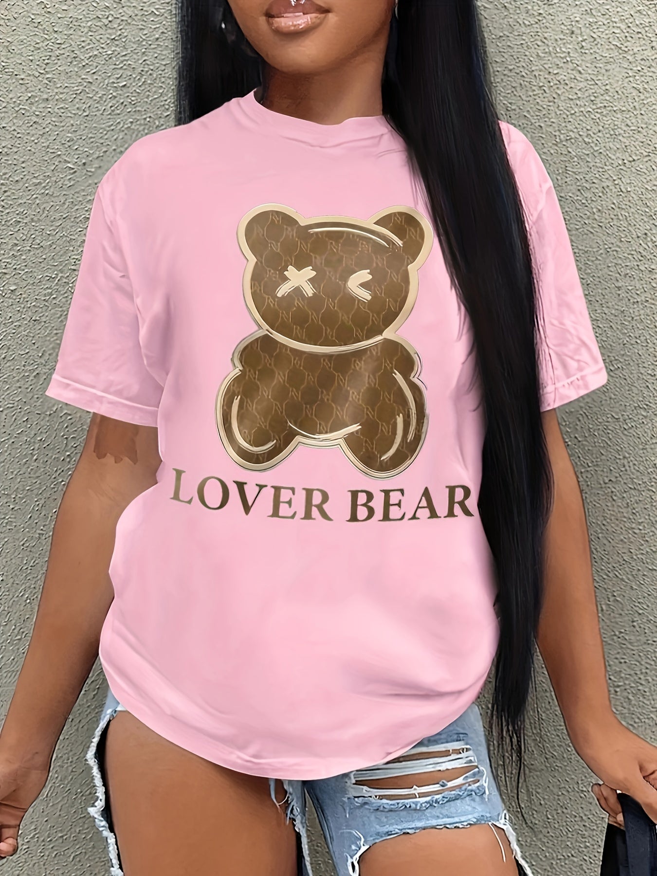 Lover Bear Print T-Shirt, Short Sleeve Crew Neck Casual Top For Summer & Spring, Women's Clothing