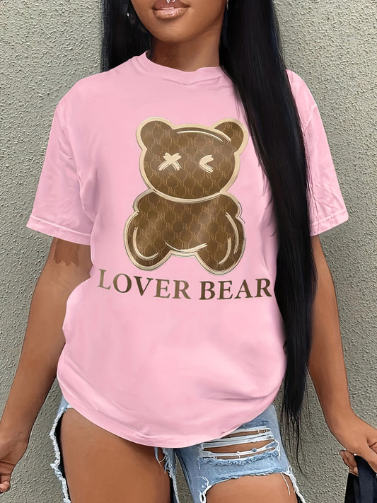 Lover Bear Print T-Shirt, Short Sleeve Crew Neck Casual Top For Summer & Spring, Women's Clothing