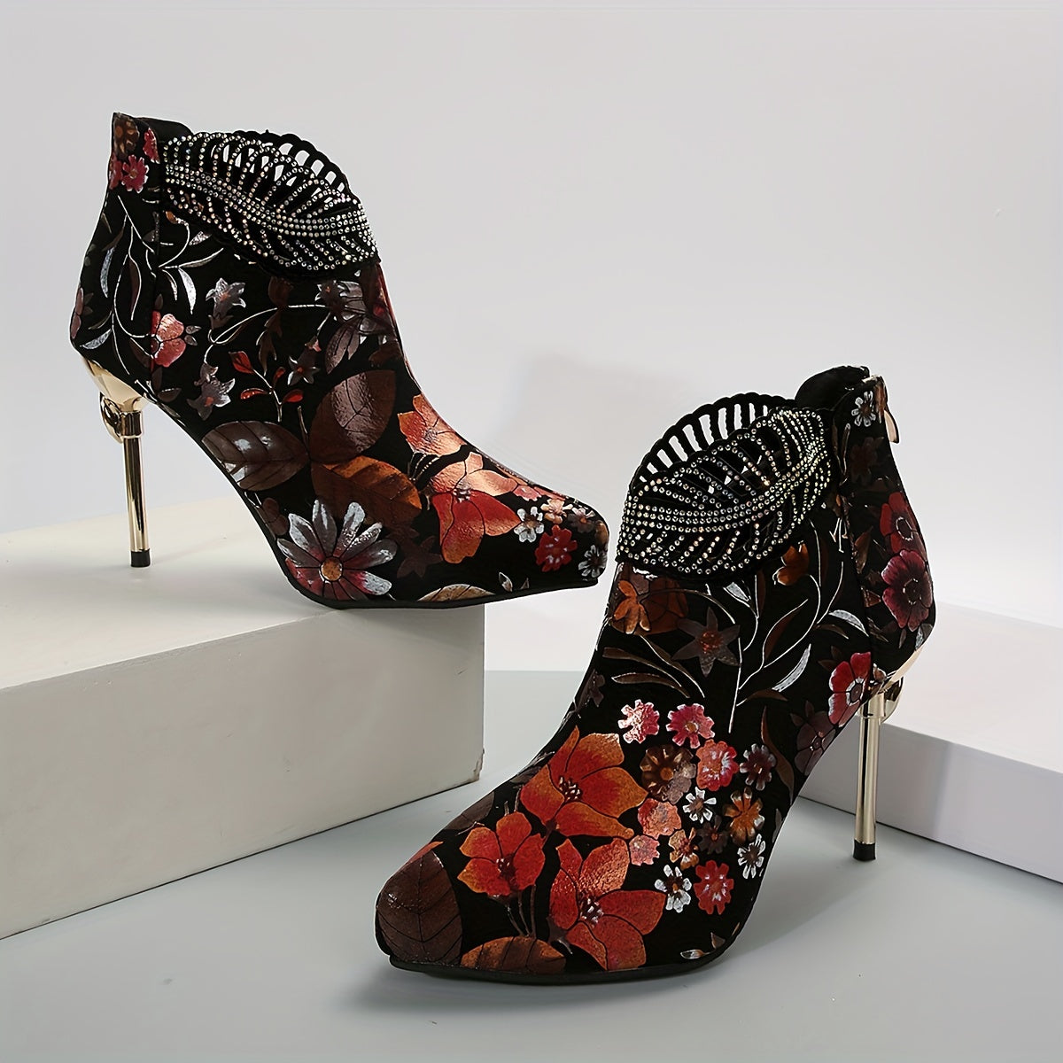 Women's Floral Pattern Platform Boots, Back Zipper Casual Stiletto Rhinestone Decor Shoes, Trendy Point Toe Boots