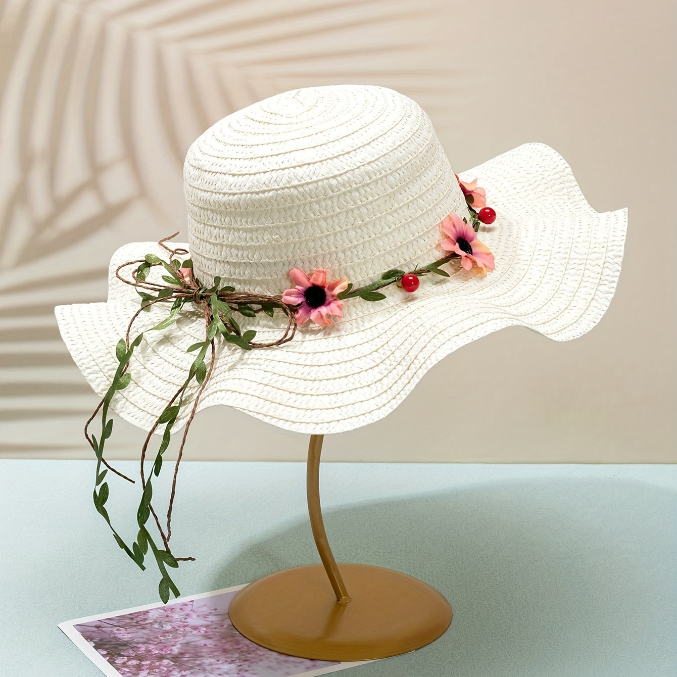 Summer Sun Protection Straw Hat for Women with Floral & Fruit Accents - Paper Wide-Brim Bohemian Garden Style Hat, Inelastic, Non-Washable, Seasonal Occasion Theme With Sun Shield - Pack of 1