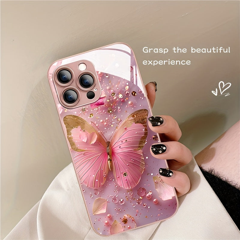 Engraved Pink Butterfly Pattern Glass Phone Case for iPhone 16/16Plus/16Pro/16ProMax 15/15Plus/15Pro/15ProMax/14/14Plus/14Pro/14ProMax/13/13Pro/13ProMax/12/12Pro/12ProMax/11/11/11Pro Max/x/xs/xr/xs max/7/8/7 Plus/8 Plus