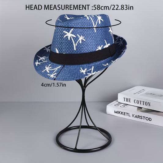 4-Piece Set of Men's Panama Straw Hats with Palm Tree Pattern - Suitable for Beach, Sun, and Style