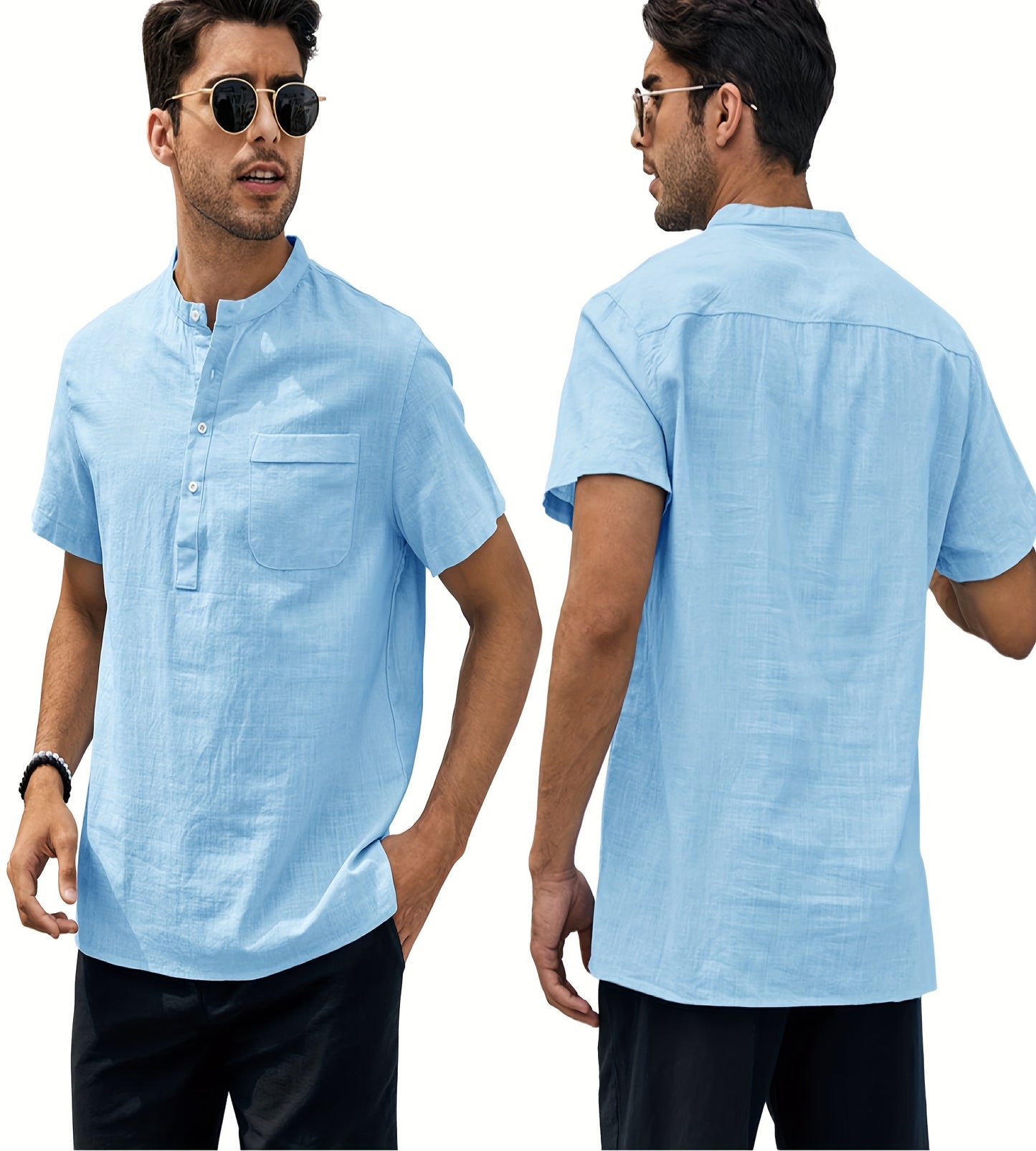 Men's Linen Henry Shirt, Loose Short-sleeve T-shirt For Summer Beach, Buttoned Lightweight Casual Top