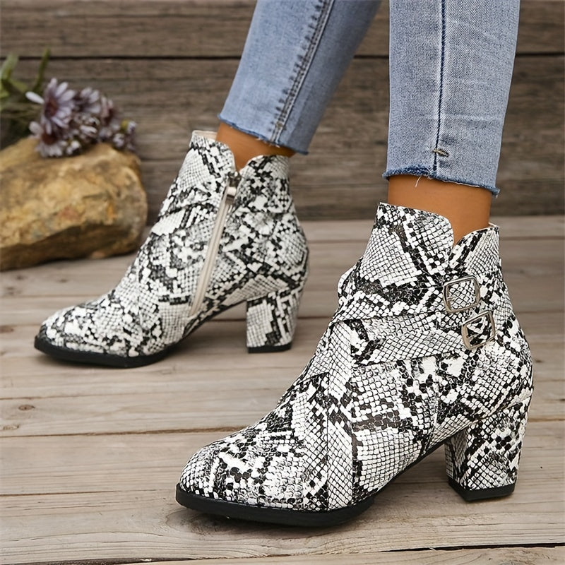 Women's Snakeskin Pattern Chunky Heel Boots, Fashion Side Zipper Short Boots, Comfortable Ankle Boots