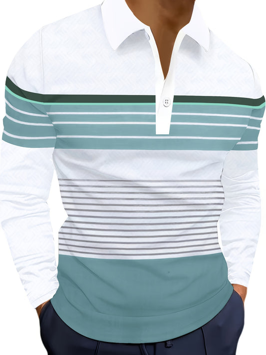 Casual Long-Sleeve Polo Shirt for Men - 100% Polyester Printed Pattern with Lapel Collar and Slight Stretch Fabric, Lightweight 170g Knit Material, Ideal for Golf, Outdoor Activities, and Casual Wear - Spring/Fall Suitable