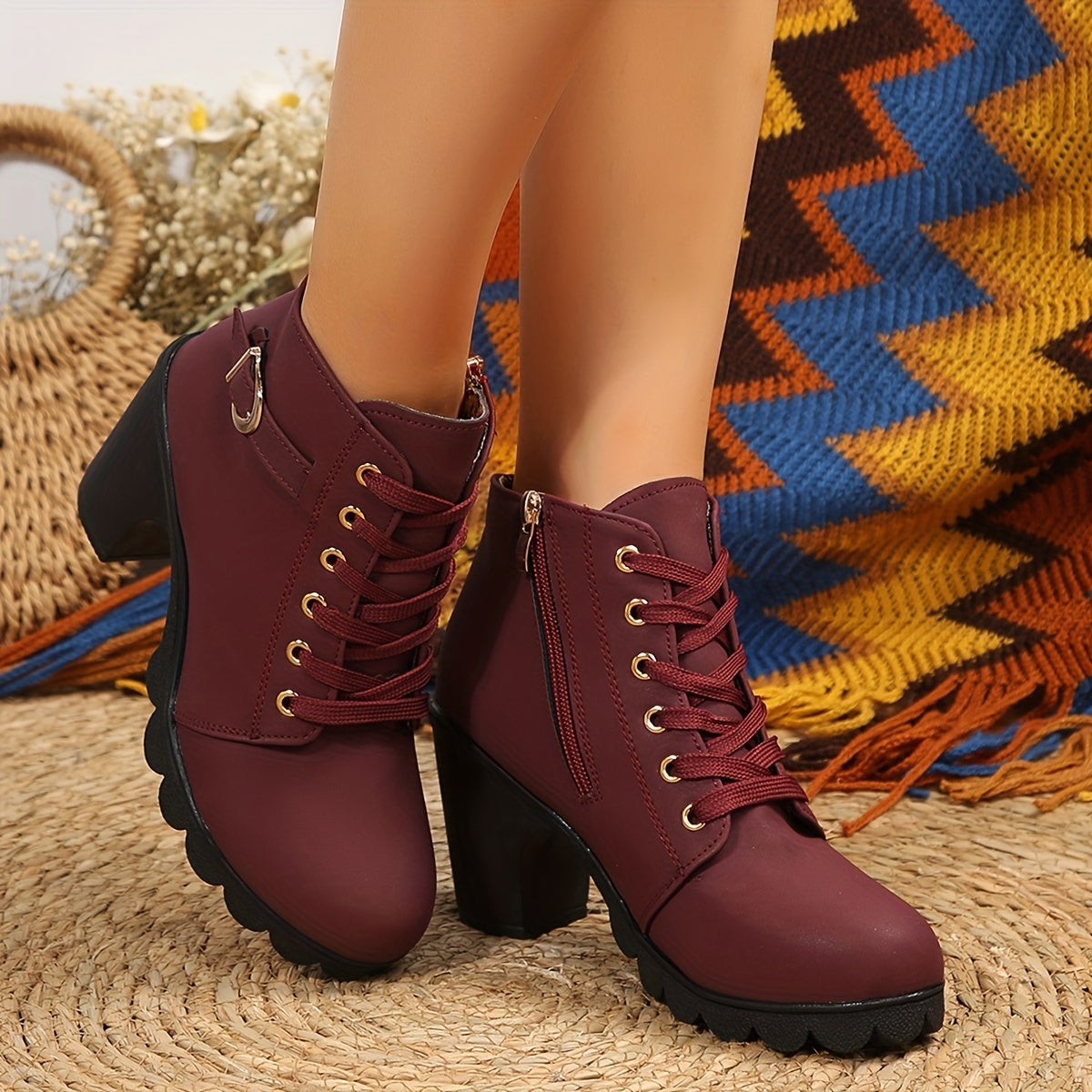 Women's Chunky Heel Short Boots, Fashion Lace Up Side Zipper Boots, Comfortable Ankle Boots