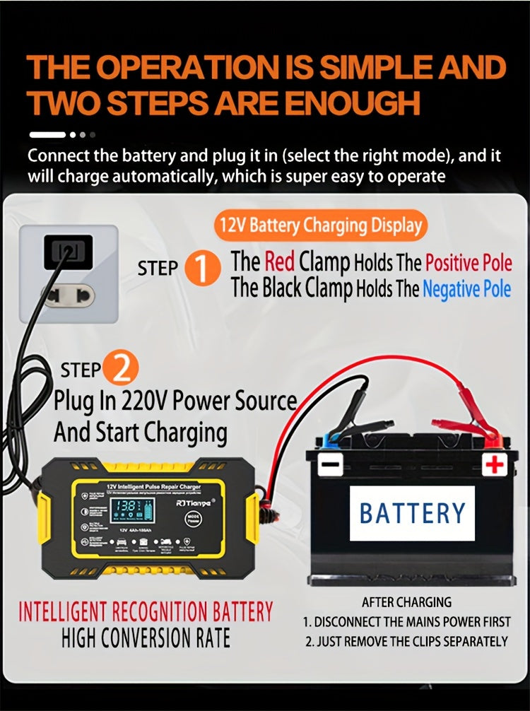 Car Battery Charger, 12V 2Ah-100Ah Smart Battery Trickle Charger Automotive Battery Maintainer Desulfator With Temperature Compensation