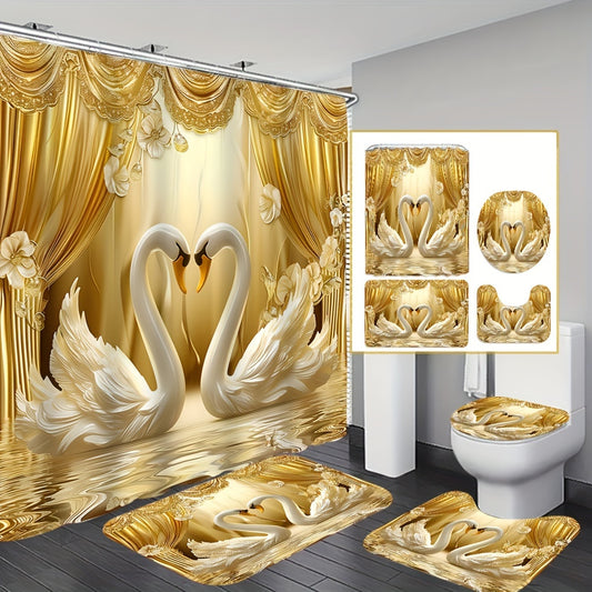 Luxurious Golden 3D Swans Print Bathroom Set: Includes 12 Free Hooks, Waterproof Curtain, Non-Slip Mat, Toilet Seat Cover, And Bath Rug - Perfect for Valentine'S Day Or Year-Round Romance