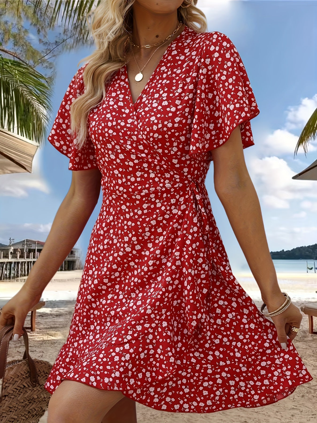 Floral Print V-neck Dress, Elegant Short Sleeve Cinched Waist Ruffle Hem Dress For Spring & Summer, Women's Clothing