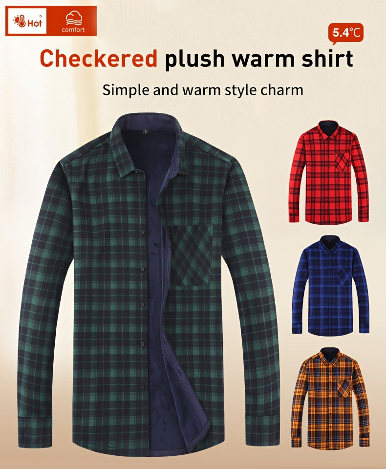 Men's Fleece-Lined Casual Plaid Shirt - Warm, Comfortable & Wrinkle-Resistant for Fall/Winter | Long Sleeve, Slim Fit with Button-Up Front, Polyester Blend, Non-Sheer - Stylish Men's Autumn & Winter Wear