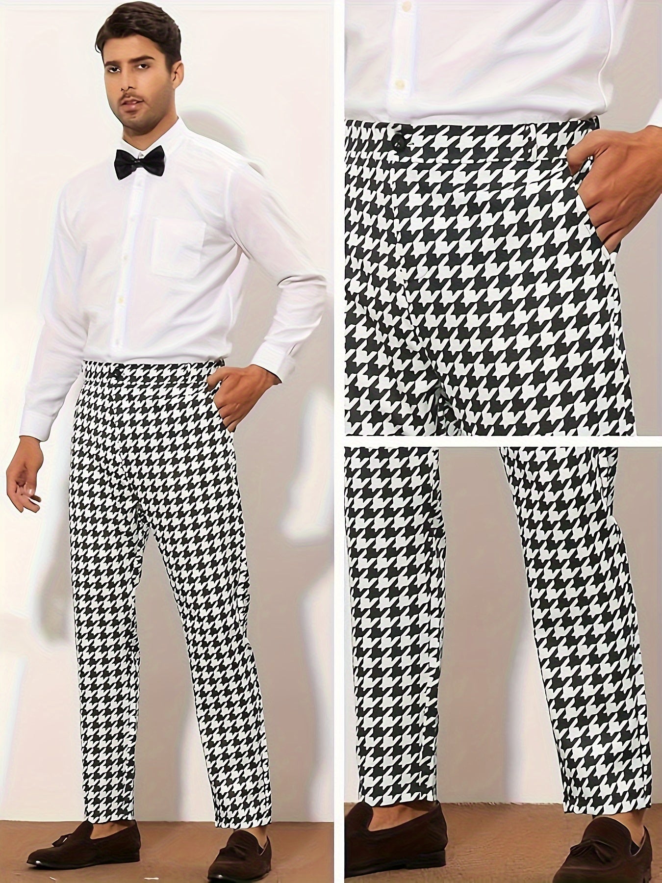 Men's Houndstooth Pattern Cropped Dress Pants, Semi-formal Style Pants For Outdoor Casual Daily Wear, All Seasons