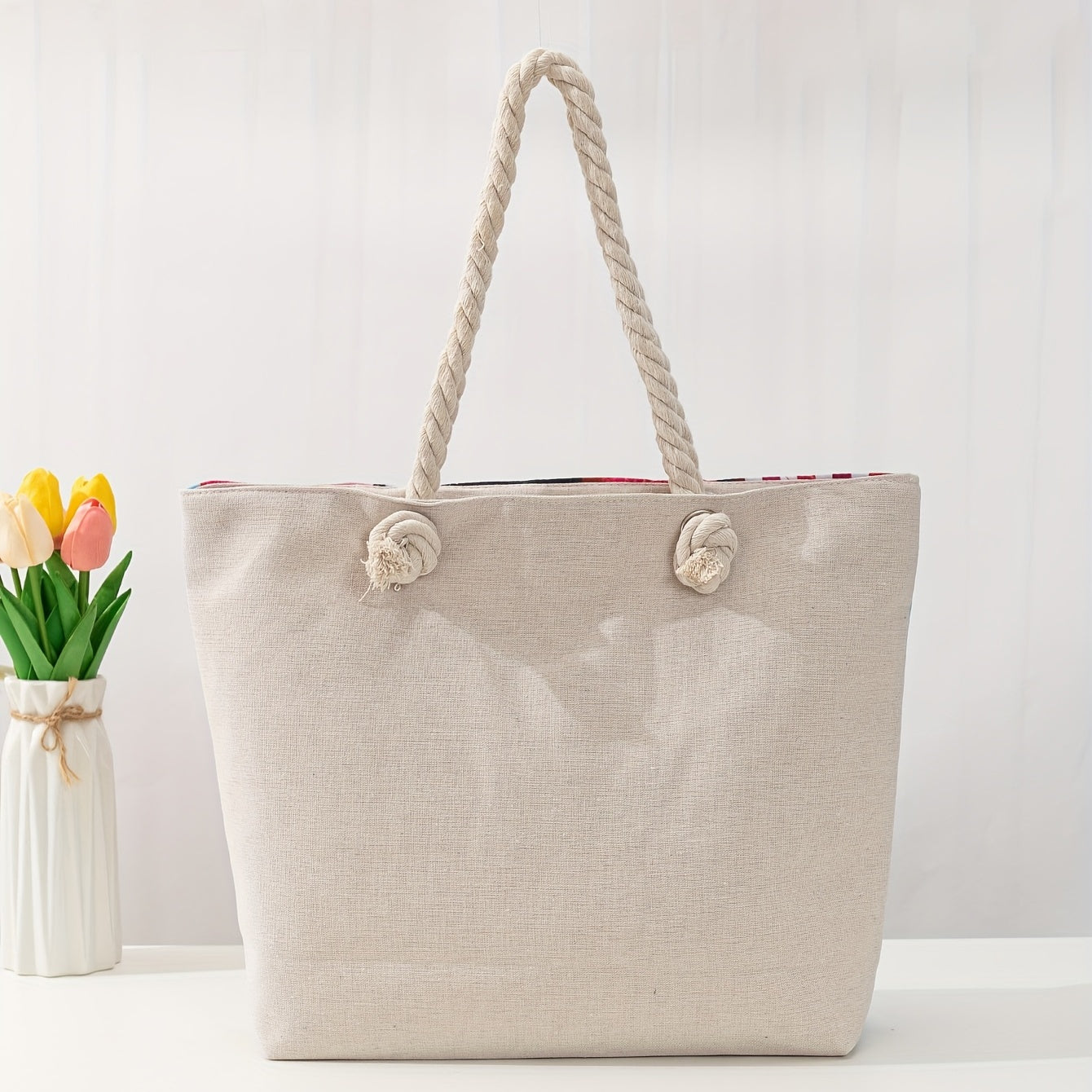 Beach-Ready: Stylish Oversized Canvas Shoulder Bag With Double Handle for Seaside Vacations