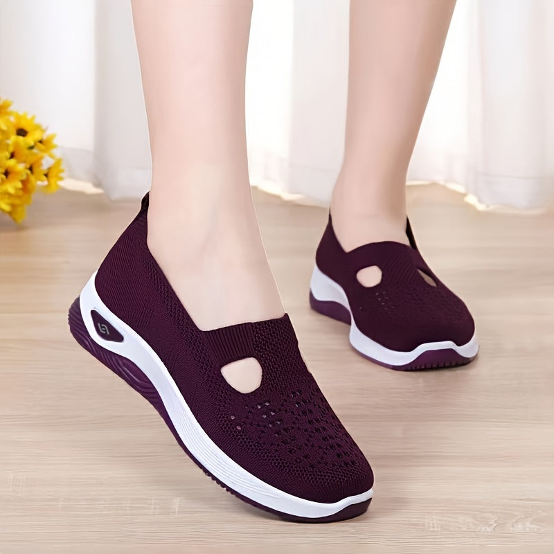 Womens Lightweight Knit Cut-out Sneakers - Ultra-Casual, Exceptionally Breathable Sports sole, Easy Slip-On Shoes with Super Lightweight Construction and Flat Heel for Comfort - Perfect for Outdoor Walking and Casual Strolls