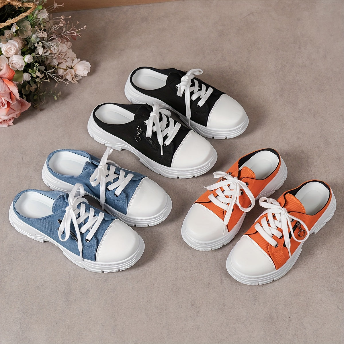 Women's Side Zipper Design Mule Sneakers, Casual Lace Up Outdoor Shoes, Women's Comfortable Shoes