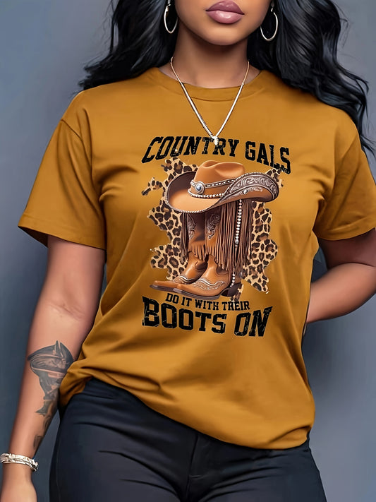 Western Boots Print Crew Neck T-shirt, Casual Short Sleeve Top For Spring & Summer, Women's Clothing