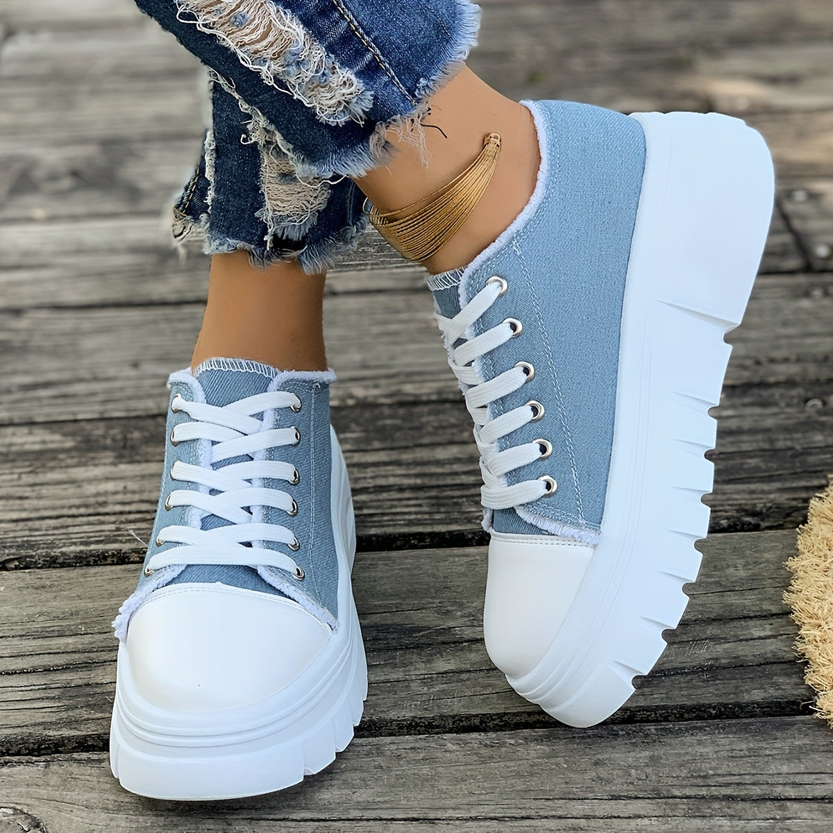 Chunky Platform Sneakers for Women: Casual, Low Top, Lace Up, Rubber Soles, Denim Fabric, Perfect for Fall 2024