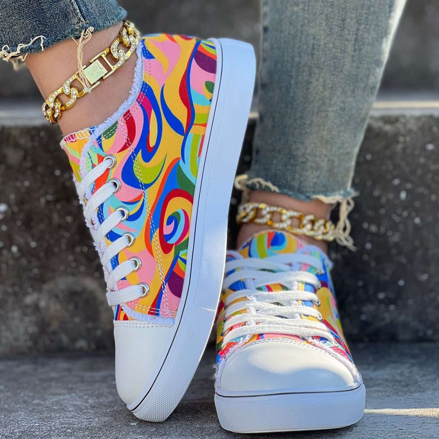 Women's Rainbow Print Sneakers, Lace Up Lightweight Walking Skate Shoes, Low-top Comfort Canvas Shoes