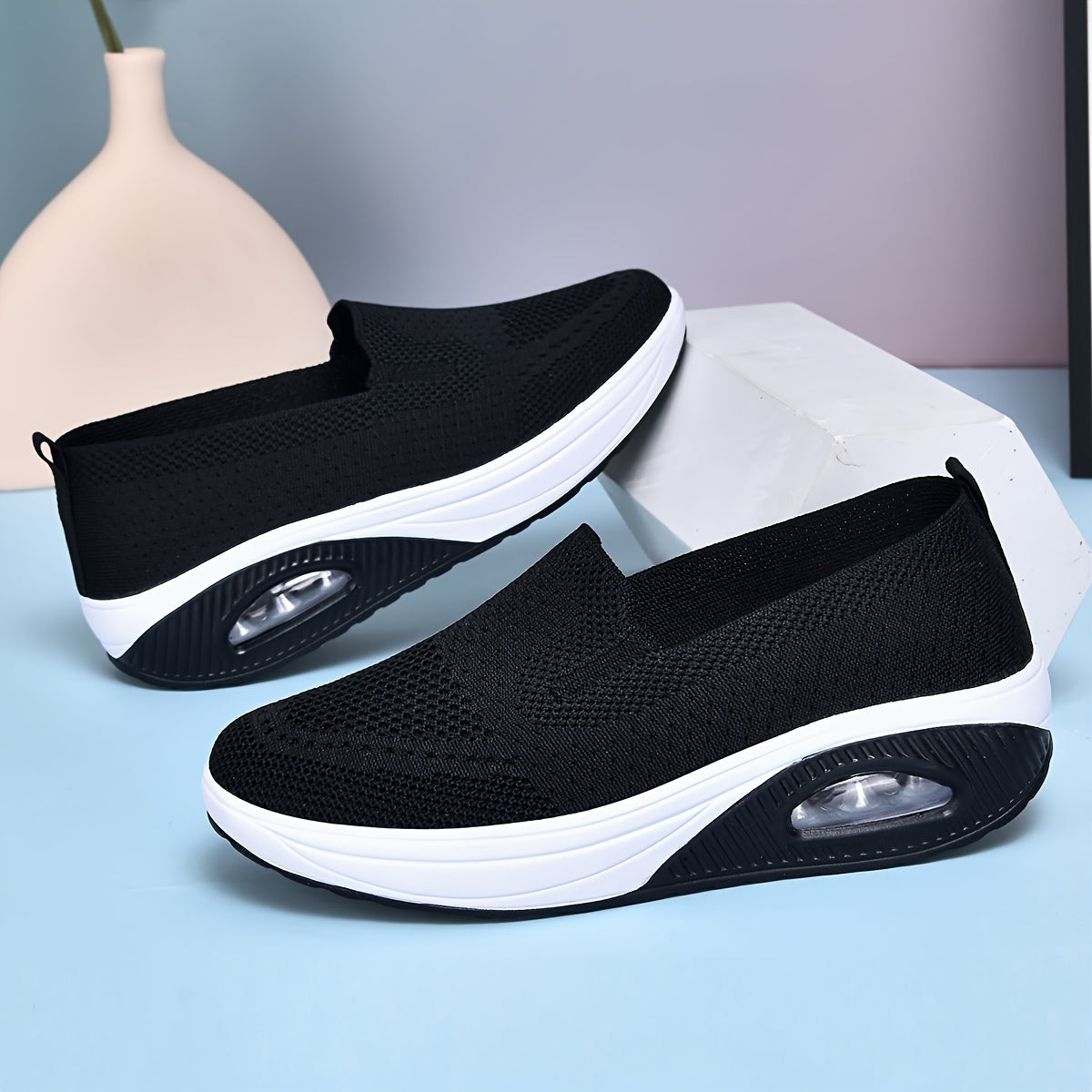 Women's Casual Slip On Sneakers, Platform Soft Sole Knitted Walking Shoes, Air-cushion Breathable Wedge Shoes For Autumn