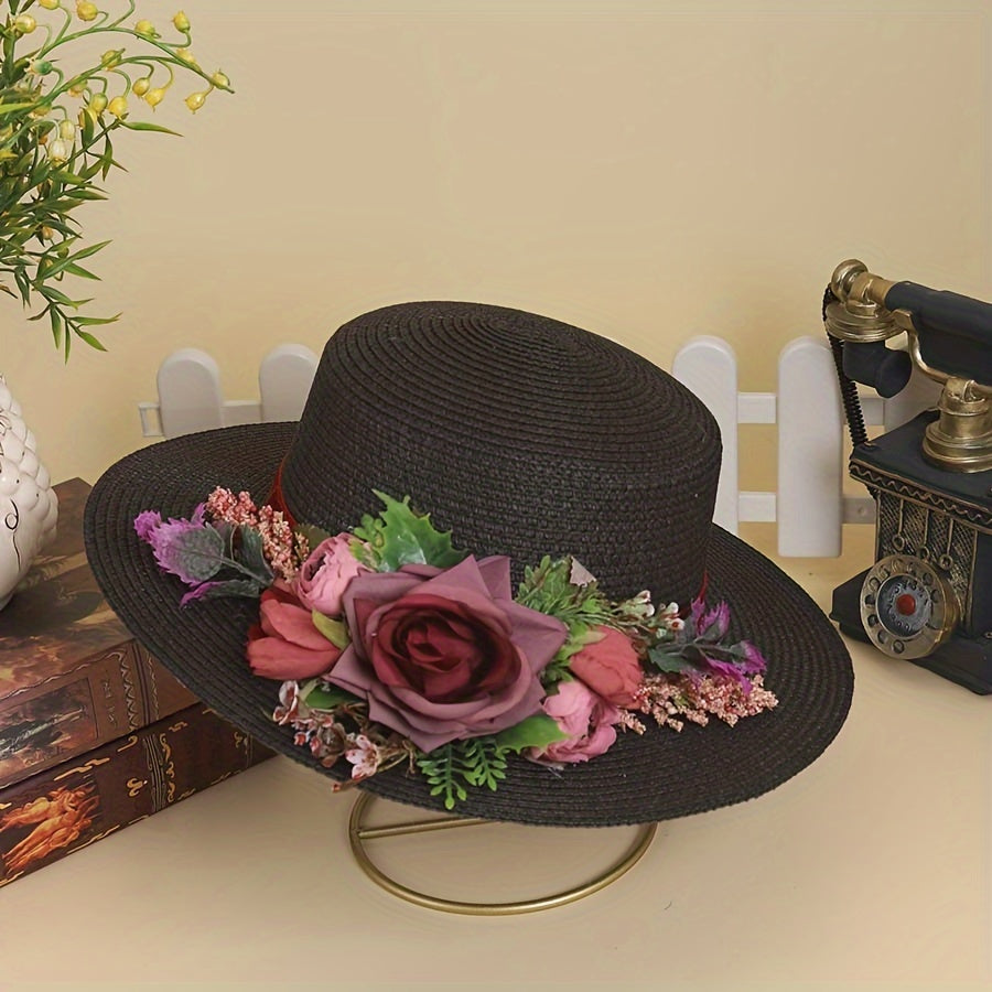 Handmade Flower Straw Hat Solid Color Elegant Beach Sunscreen Hat Small Top Hats Easter For Women