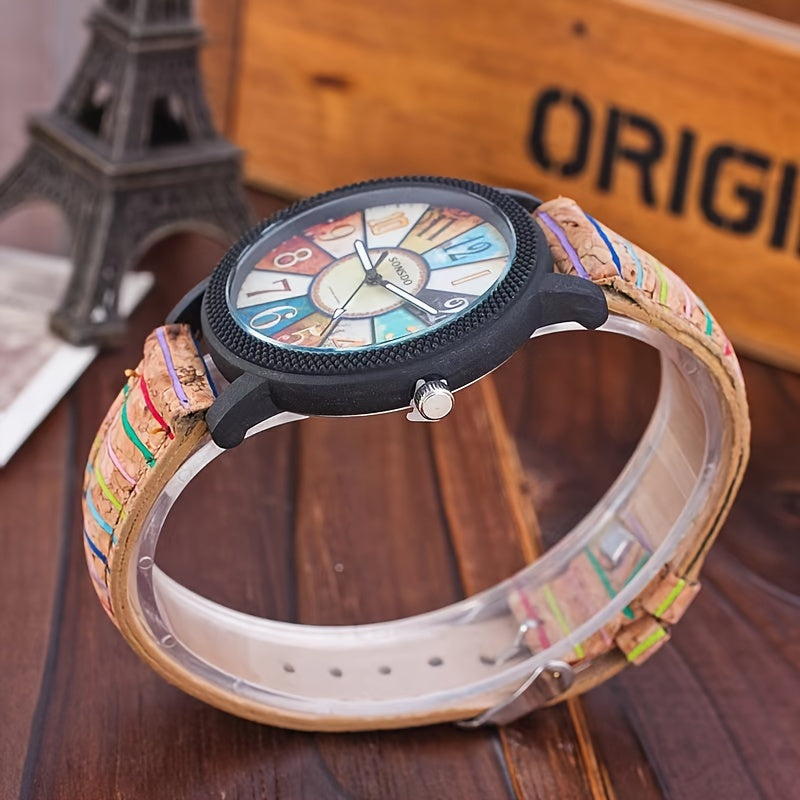 Women's Watch Retro Wood Grain Quartz Watch Color Block Fashion Analog PU Leather Wrist Watch