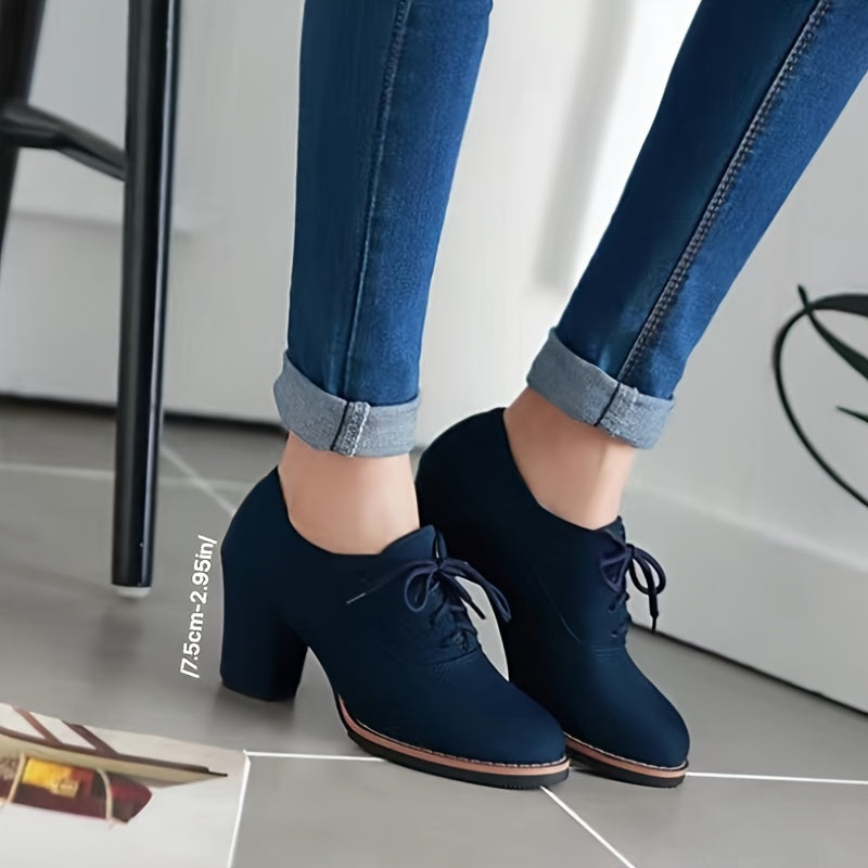 Women's Lace Up Pumps, Solid Color Round Toe Chunky Heels, Comfy All-Match Office Shoes