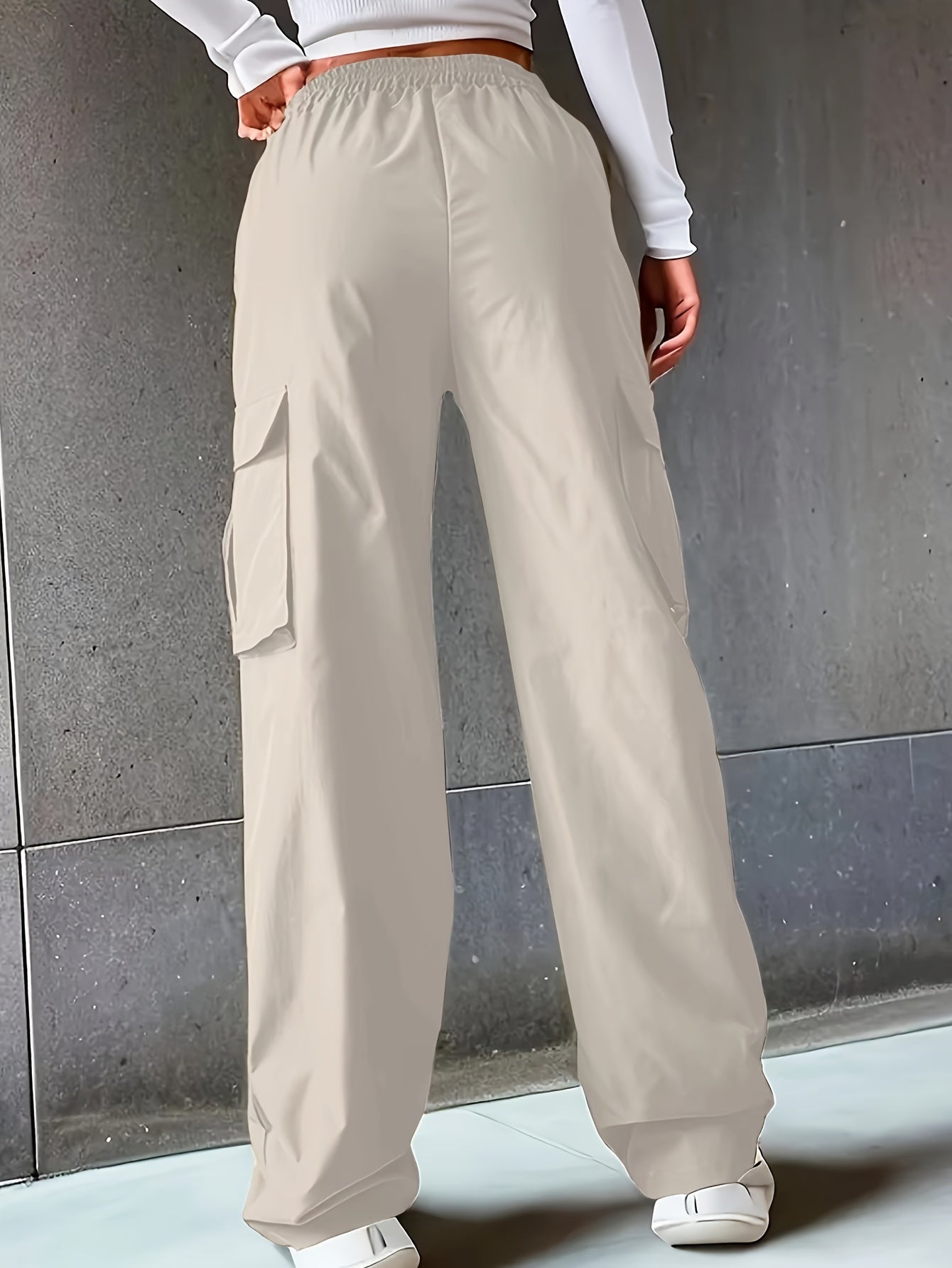 Solid Color Cargo Pants 2 Packs, Casual Elastic Waist Wide Leg Flap Pockets Pants, Women's Clothing