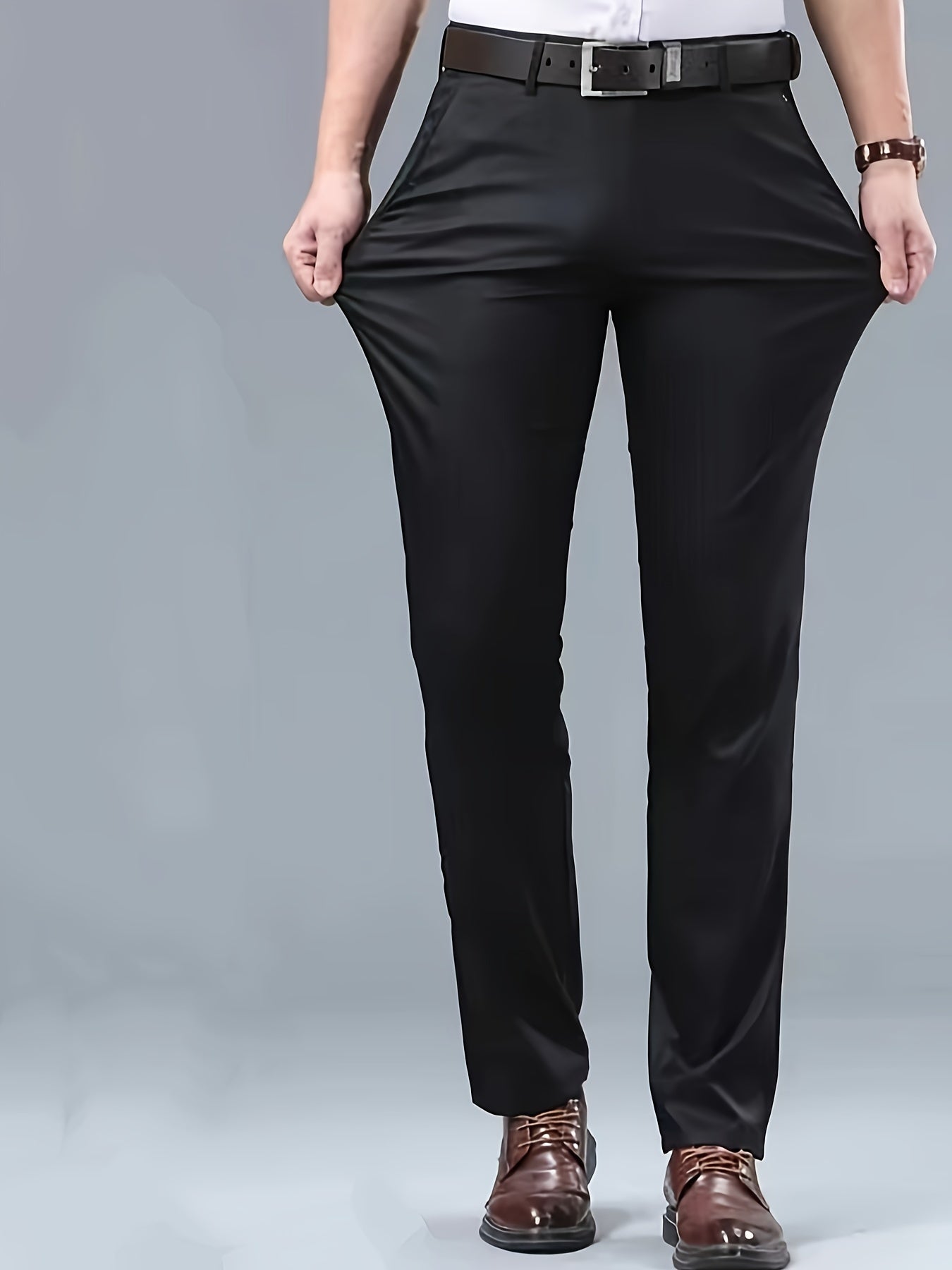 Men's Solid Color Slightly Stretch Formal Dress Pants For Business Office Occasions, All Seasons