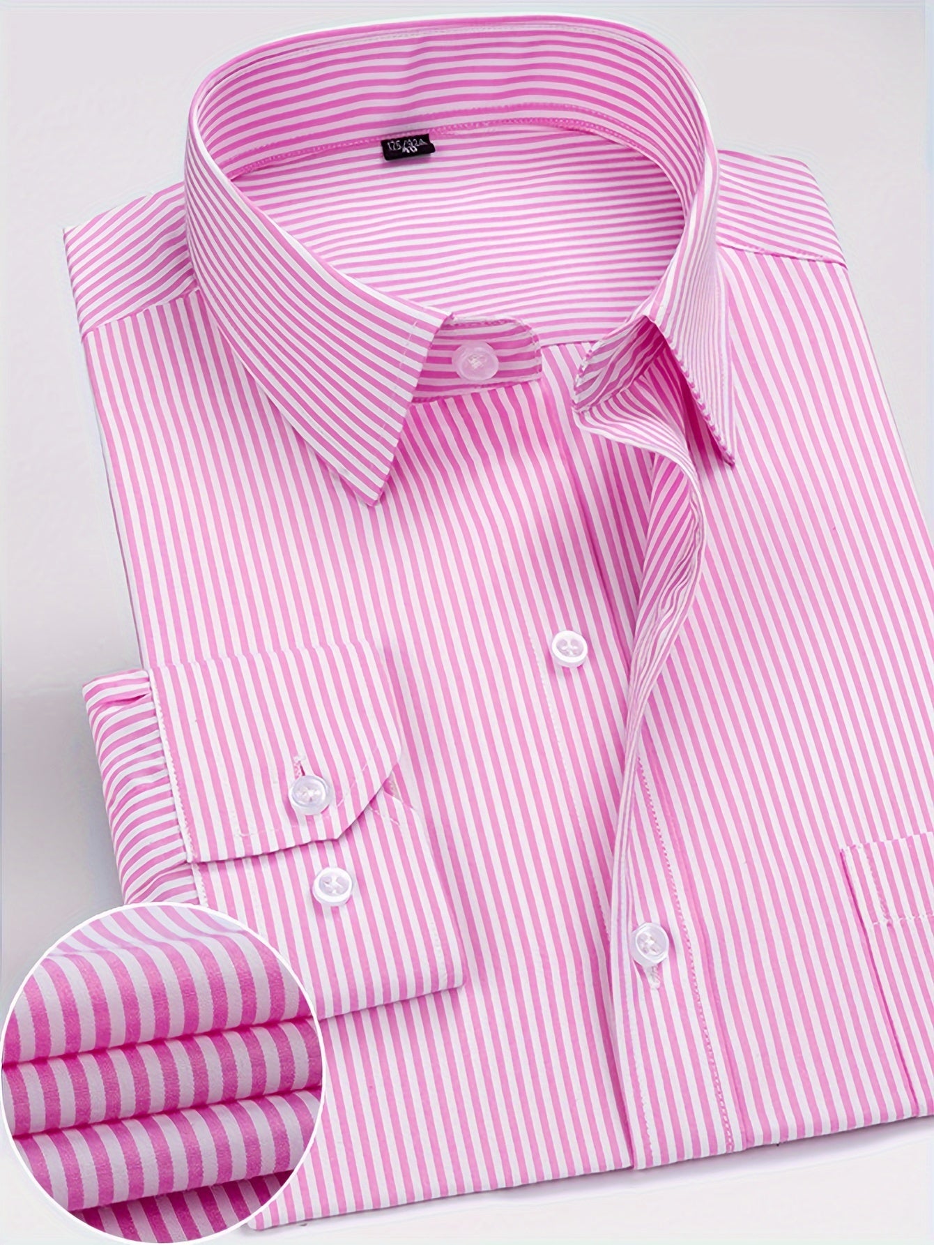 Men's Classic Striped Long Sleeve Shirt - Casual & Business Style, Polyester, Non-Stretch Fabric, Button Detail