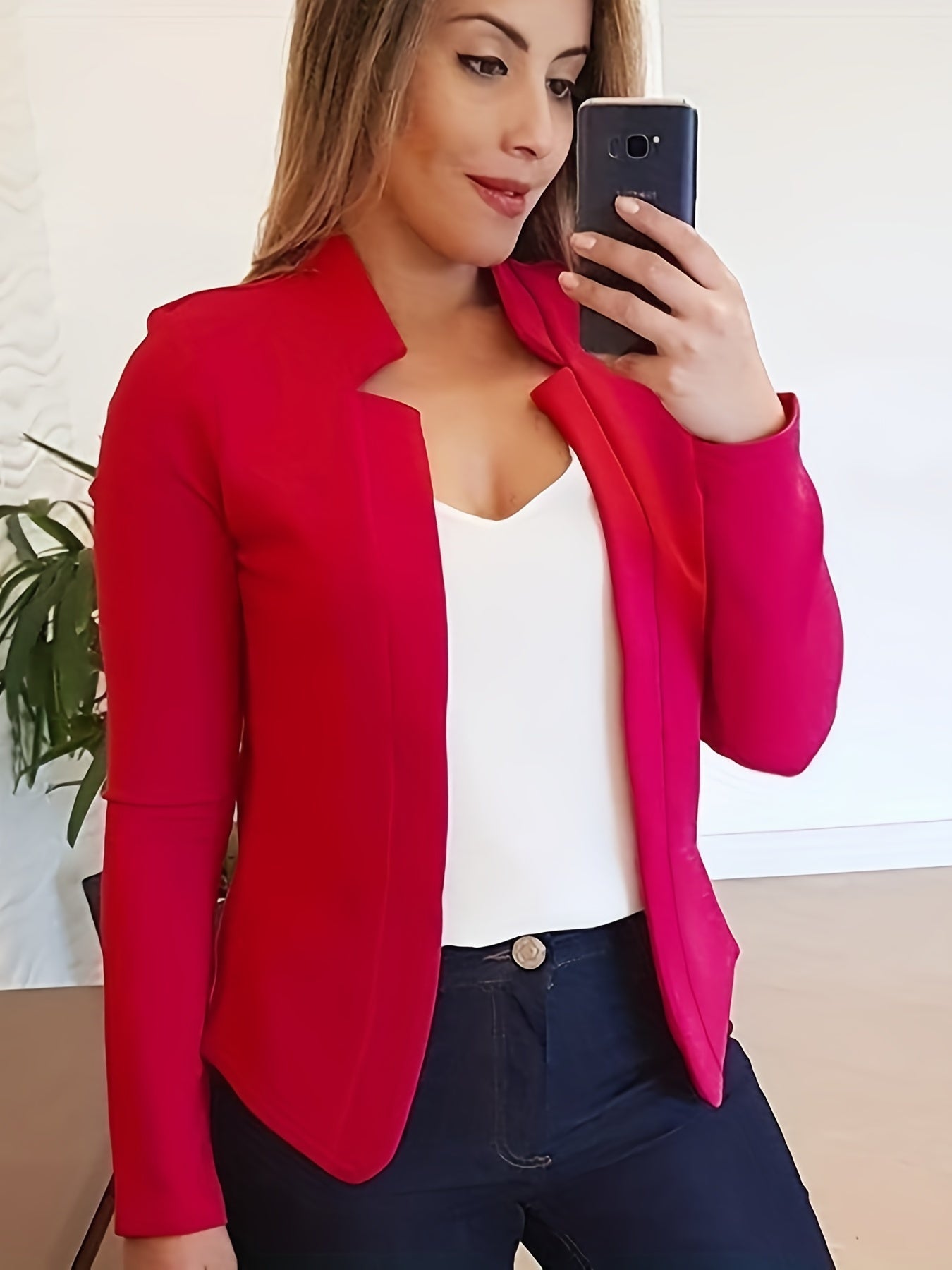 Solid Open Front Blazer, Elegant Long Sleeve Work Office Outerwear, Women's Clothing