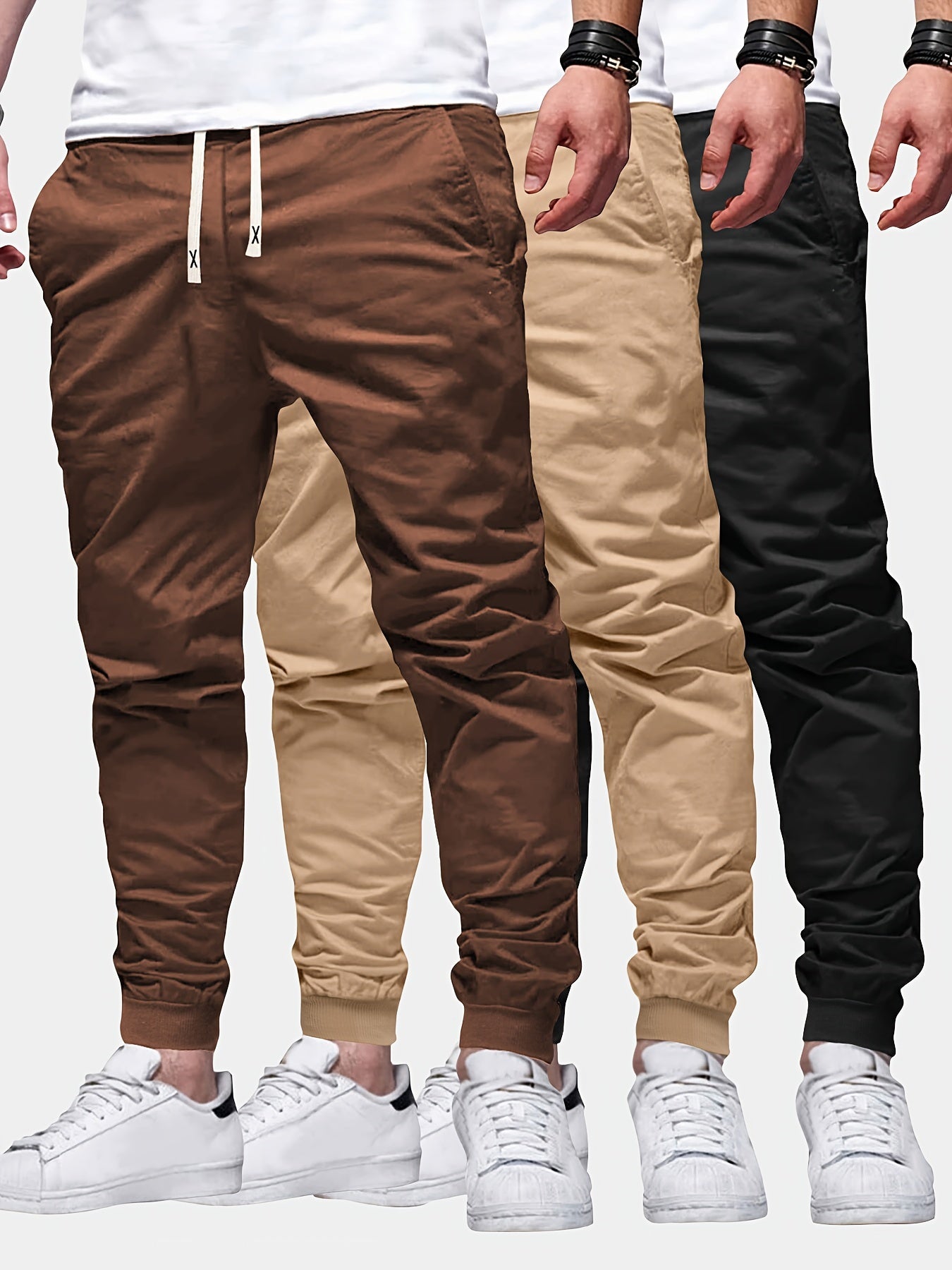 3pcs Solid Color Men's Regular Fit Jogger Sweatpants With Drawstring And Pockets, Chic And Trendy Trousers For Spring And Autumn Outdoors And Sports Wear