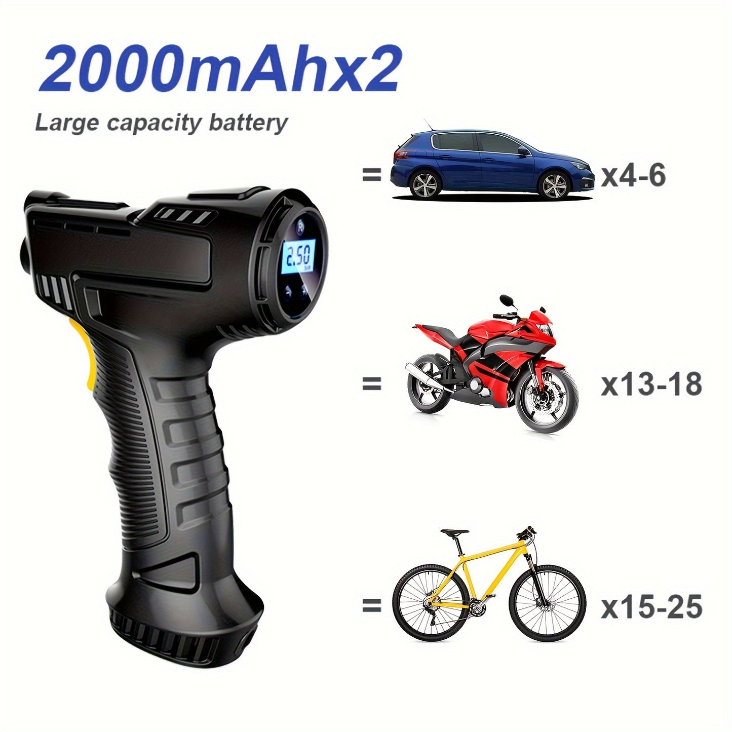 1 Pcs Tire Inflator Portable Air Compressor Car Air Pump with Digital Display, LED Light, Set of Nozzle Adaptors for Car, Motorcycle, Bicycle, Ball